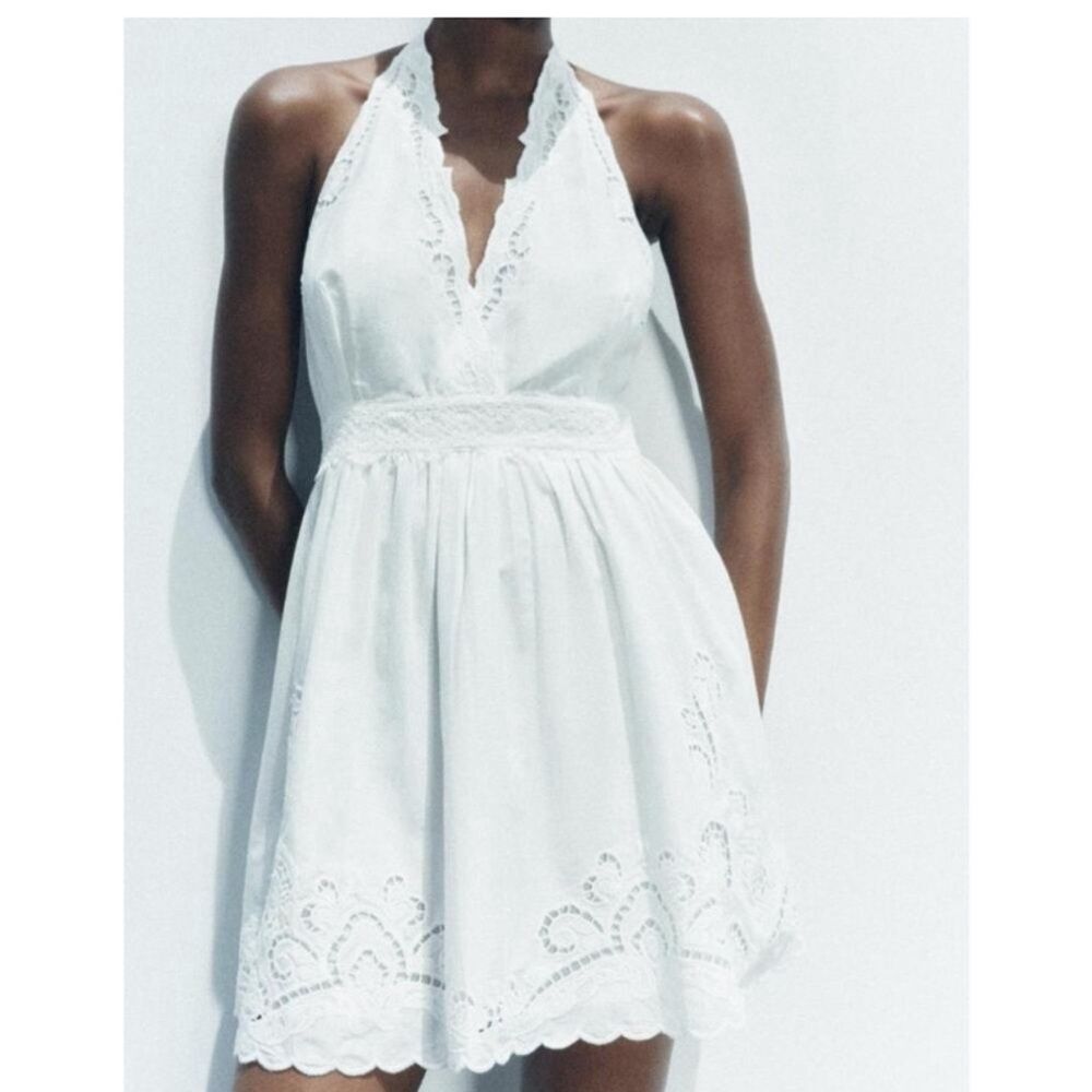 Zara NWT Cotton Eyelet Embroidered V-Neck  Mini Halter Dress Lined Size M